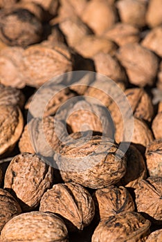 Top view of many walnuts