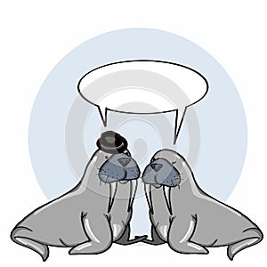 Walrus family and blue circle background and speaking