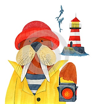 Walrus a light keeper in a yellow raincoat