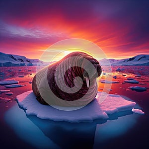 Walrus reclines on ice sheet with glorious sunset as backdrop