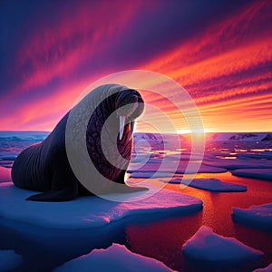 Walrus reclines on ice sheet with glorious sunset as backdrop