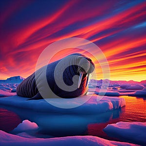 Walrus reclines on ice sheet with glorious sunset as backdrop photo