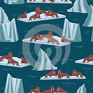 Walruses on ice floes and icebergs. Seamless pattern for fabrics and packaging paper. Vector graphics