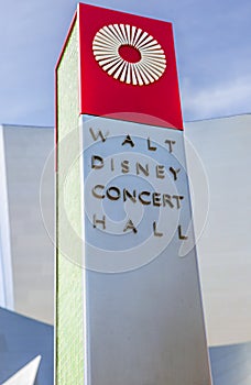 Los Angeles, USA, Column with the inscription Walt Disney Concert hall.