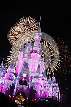 Walt Disney World Cinderella`s Castle with Fireworks and Christmas Lights at night