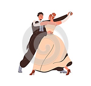 Waltz dancers partners. Woman in dress and man in suit, couple performing pair ballroom partner dance. Classic