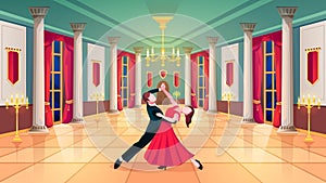 Waltz dancers in royal palace ballroom hall photo