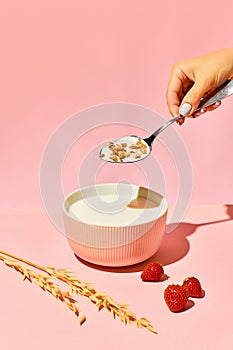 Waman with spoon putting muesli, serial into bowl with warm milk against pink background. Breakfast preparation