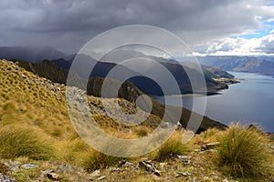 Wanaka lake landscape in the coming storm, New Zealand