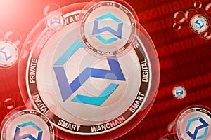 Wanchain crash, bubble. Wanchain WAN cryptocurrency coins in a bubbles on the binary code background