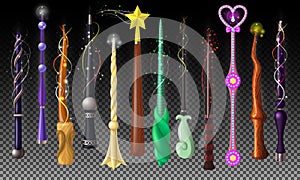 Wand vector magic stick miracle fantasy magician wizard object illustration magical set of fairytale symbol with star