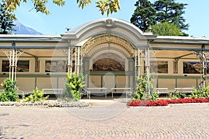 Wandelhalle building with bench in Merano, South Tyrol