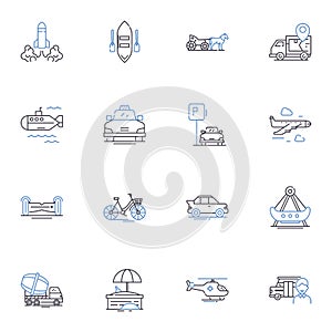 Wander line icons collection. Journey, Roam, Trek, Explore, Wonder, Saunter, Hike vector and linear illustration. Linger