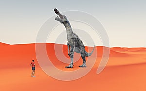 Wanderer and dinosaur Suchomimus in a sandy desert