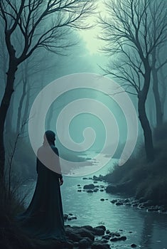 The Wanderer by the Misty River AI-GENERATED