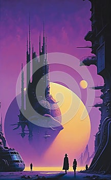 Wanderers approach a strange floating city on an alien world, vintage science fiction paperback style art. Generative AI