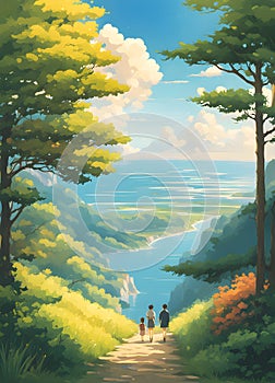Wandering in the beautiful nature anime style illustration