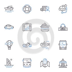 Wandering line icons collection. Roaming, Trekking, Rambling, Meandering, Strolling, Hiking, Traveling vector and linear