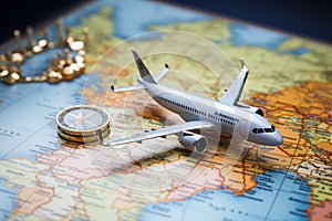 Wanderlust abstraction Mini compass, toy airplane on map evoke travel dreams against backdrop.