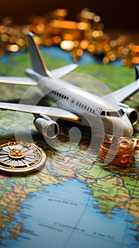 Wanderlust abstraction Mini compass, toy airplane on map evoke travel dreams against backdrop.