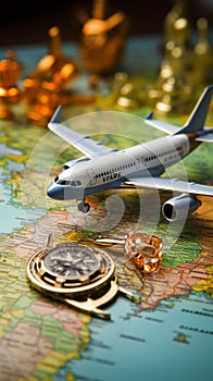 Wanderlust abstraction Mini compass, toy airplane on map evoke travel dreams against backdrop.