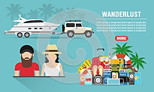 Wanderlust concept design flat banner young people with SUV, boat trailer. Travel icon. Safe journey