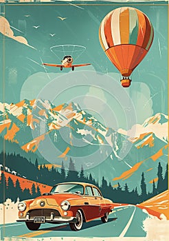 Wanderlust scene in a vintage travel poster style, bursting with trendy active colors.