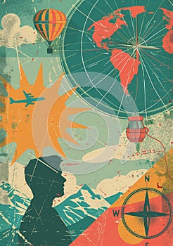 Wanderlust scene in a vintage travel poster style, bursting with trendy active colors.