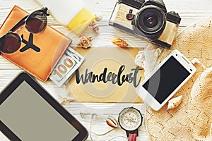 Wanderlust text sign on card. summer travel planning vacation co