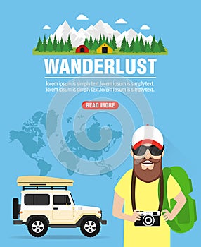 Wanderlust. Time to travel concept design flat with traveler