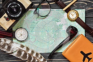 Wanderlust and travel concept, hipster flat lay. map passport co