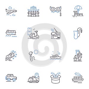 Wanderlust travelers line icons collection. Adventurous, Nomadic, Explorer, Roaming, Wandering, Curious, Bold vector and