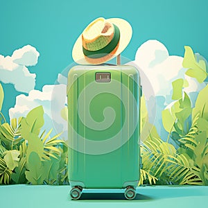 Wanderlust vibes suitcase with a hat on a vibrant background