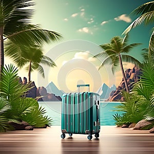 Wanderlust Whimsy: Travel Suitcase with Miniature Palm Trees, Leaves, and Tropical Landscape on a Flat Background - Creative