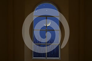 Waning moon and stars in window view photo