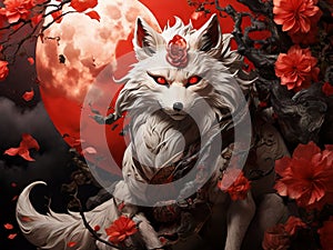 Waning Red Moon Nine-Tailed Fox Enveloped in the Mystique of a Kitsune Mask