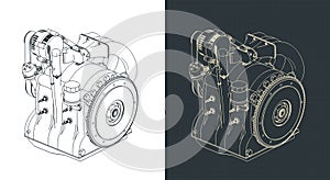 Wankel rotary engine isometric blueprints illustrations