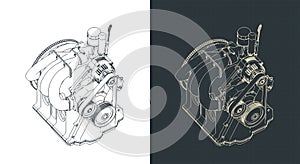 Wankel rotary engine isometric blueprints illustrations