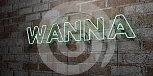 WANNA - Glowing Neon Sign on stonework wall - 3D rendered royalty free stock illustration