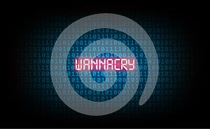 The wannacry virus is among blue binary code and ransomware, virus computer attack concept, technology background, vector