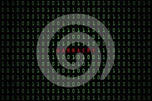 Wannacry word with technology digital dark or black background with binary code in light green color 1001.