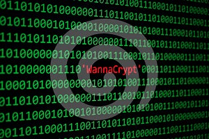 The WannaCrypt and Binary code Concept Security and Malware attack.
