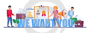 We want you, recruitment concept, great gob vector illustration. Startup, gob interview online concept with tiny people