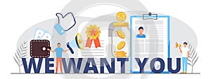 We want you, recruitment concept, great gob vector illustration. Startup, gob interview online concept with tiny people, big photo