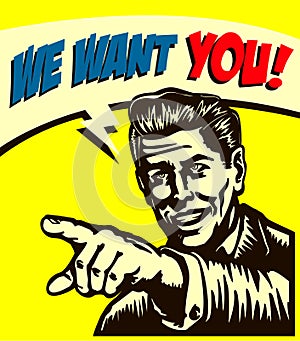Want you! Retro businessman with pointing finger, job vacancy we're hiring now sign, comic book style illustration