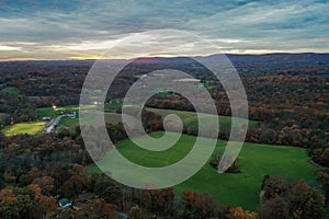 Wantage Township, Sussex County, NJ, and Kittatinny Mountains with High Point late fall sunset aerial