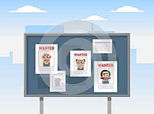 Wanted Criminals Banner Template, Placards with Arrested Men Photos on a Billboard Vector Illustration