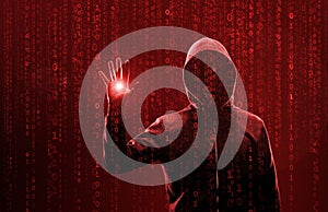 Wanted Hacker is Coding Virus Ransomware Using Abstract Binary Code. Cyberattack, System Breaking and Malware Concept.