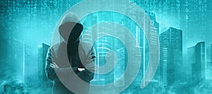 Wanted Hacker is Coding Virus Ransomware Using Abstract Binary Code. Cyberattack, System Breaking and Malware Concept.