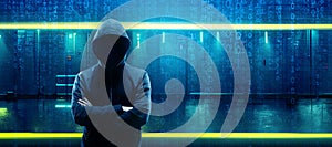 Wanted Hacker is Coding Virus Ransomware Using Abstract Binary Code. Cyberattack, System Breaking and Malware Concept.